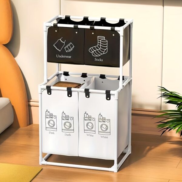 c56bf193-9956-4b6d-b1d1-4b5767c50035.jpg 1pc Double Layered Laundry Basket with 4 Detachable Bags - Durable Non- Fabric, Space-Saving Rectangular Design for Efficient Clothes Sorting & Storage, Multi-Room Use, Laundry Room Accessories, Laundry Baskets