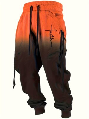 Men's Fashion Two-Tone Geometric Pattern Casual Joggers with Pockets, 100% Polyester Knit Fabric, Slight Stretch, All-Season Wear