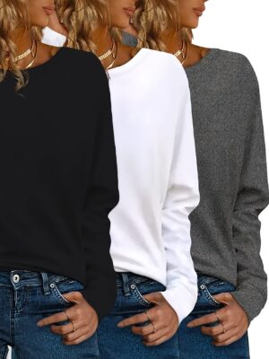 3pcs Casual Crew Neck Long Sleeve T-Shirts, Solid Color, Polyester Knit Fabric, Regular Fit, for Spring/Fall