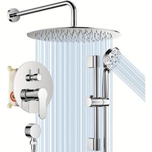 c70d804182484015b46003821417dbca-goods.jpeg 1set 12 Inch Polish Chrome Shower System, Wall Mounted High Pressure Shower Head with Rainfull 8-Spray Handheld Sprayer, Bathroom Luxury Shower Faucet Set with Slide Bar Rough in Valve Body and Trim