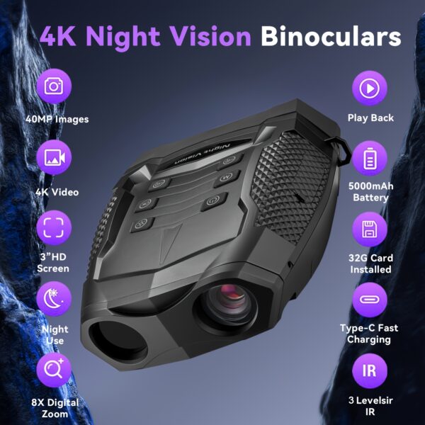 c7342c98-cde1-4a0f-9ae9-7ac011c2a8c1.jpg 4K Night Vision Binoculars with 3'' HD Screen & 8X Digital Zoom, Infrared Night Vision Goggles with 32GB Card & 5000mAh Battery, USB-Powered, Ergonomic Design for Adults - Ideal for Hunting, Farm Monitoring, Wildlife Observation, Low-Light Clarity, Long-Range Visibility, Outdoor Surveillance, Handheld Viewer, Lightweight Optics, Highdefinition Display, Durable Construction, Digital Zoom Binoculars, Night Vision Binocular, Night Vision Goggle, Night Vision Rifle Scope, Ghost Hunting