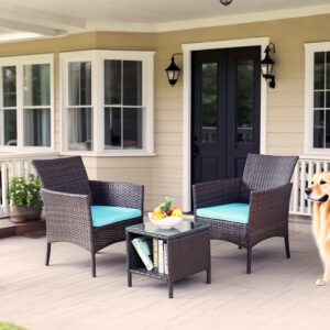 3pcs Rattan Bistro Furniture Set, Wear-Resistant PE Rattan Table And Chair Set with Sponge Cushions, Including Two Chairs And a Tempered Glass Table, Patio Furniture Outdoor, Outdoor Leisure Chair Combination Set Suitable for Gardens, Porches, Balconies, And Swimming Pools