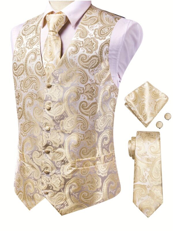 Mens White Paisley Waistcoat, Necktie, Hanky, Cufflinks - Classic, Elegant, Formal Wear Accessories