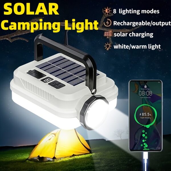 Multi Functional Outdoor Solar Handheld Light, Portable High Lumen Camping Light Flashlight, Solar&USB Charging, Long-lasting Battery Life, 5 Lighting Modes, With Portable Hook, Suitable For Power Outage Emergency, Mobile Phone Charging, Camping