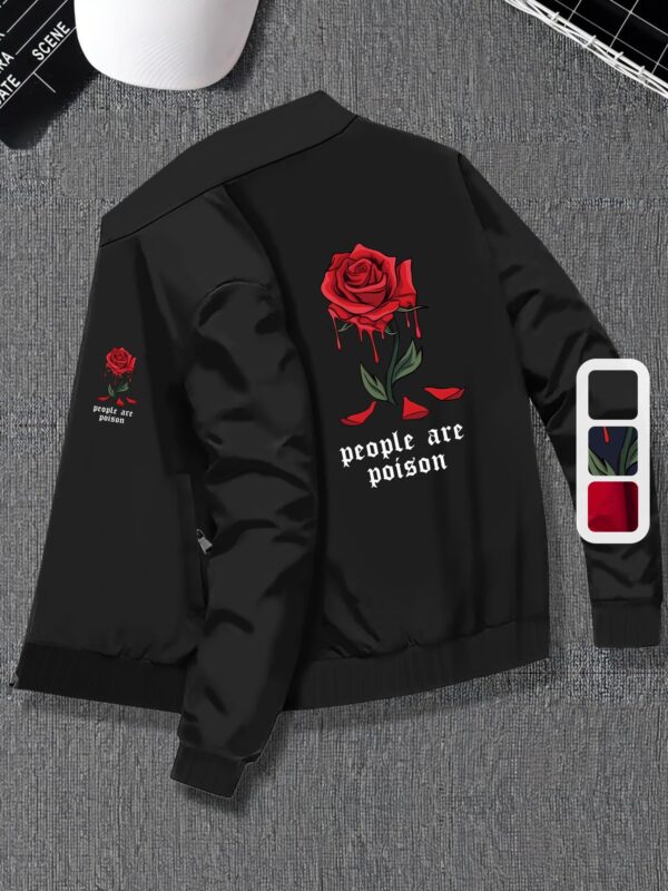 [Plus Size Stylish Jacket With Zipper] Rose Print Plus Size Men's Stylish Jacket With Stand Collar, Comfy Versatile Fashionable Outerwear With Zipper