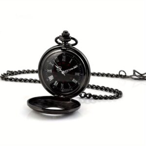 Vintage Steampunk Quartz Pocket Watch with Chain - Black Retro Design, Large Roman Numerals, 13mm Thickness, 47mm Diameter, Intricate Floral & Swirl Patterns, Stainless Steel Mechanical Movement