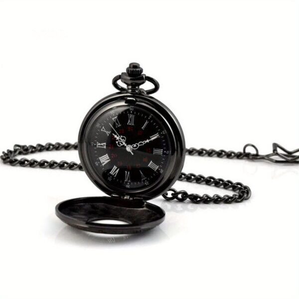 Vintage Steampunk Quartz Pocket Watch with Chain - Black Retro Design, Large Roman Numerals, 13mm Thickness, 47mm Diameter, Intricate Floral & Swirl Patterns, Stainless Steel Mechanical Movement