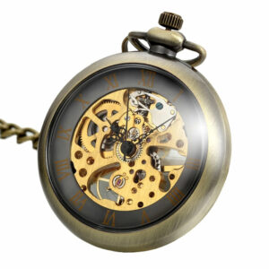 Men’s Bronze Pocket Watch | Open Face Skeleton Design | Hand-Winding Mechanical Timepiece with Chain | Vintage-Inspired Collectible Watch for Men | Gift for Father’s Day, Birthday, Anniversary, Christmas