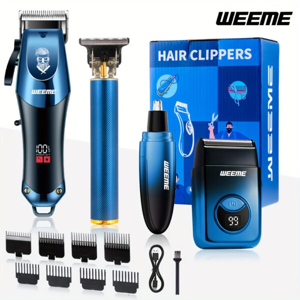 WEEME 4pcs Men's electric hair clipper, nose hair clipper, shaver set - wireless USB charging professional hair clipper set with lithium battery - his ideal gift, hair accessories | modern hair clipper tools | fashionable blue gradient design