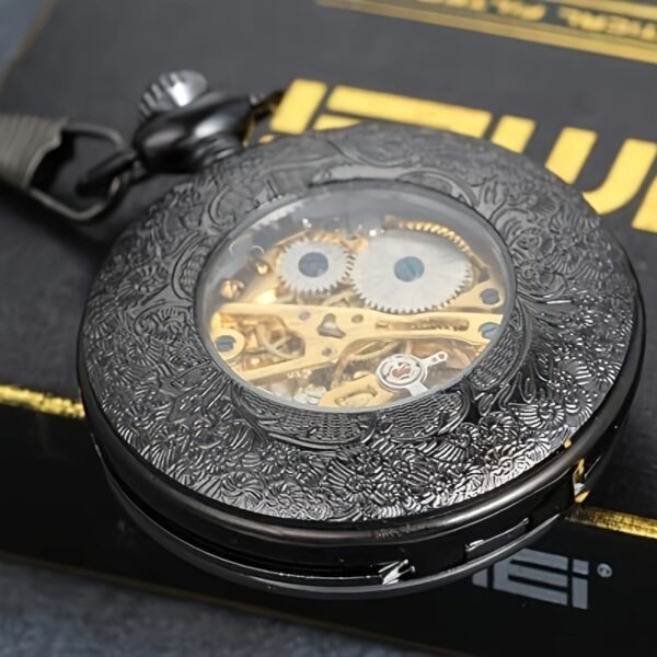 JewelryWe Half Hunter Pocket Watch With Chain Black Dial Steampunk Mechanical Hand Wind Movement