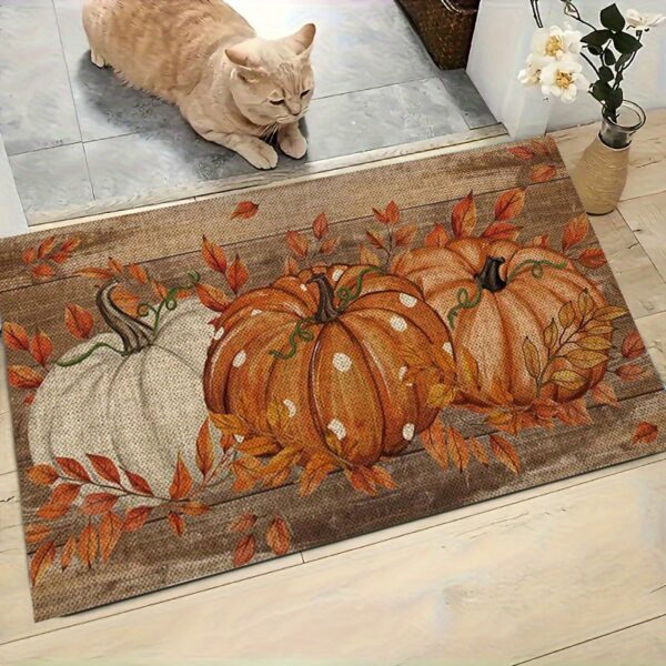 1pc Front Door Welcome Mat Autumn Pumpkin Polka Dot Pattern Farmhouse Style Indoor Doormat Flannel Material NonSlip Soft Suitable for Bedroom Living Room Dining Room Kitchen Bathroom Rug, Fall Harvest Thanksgiving Decor, Cozy and Rustic Design, Adds Charm to Your Home Entrance.