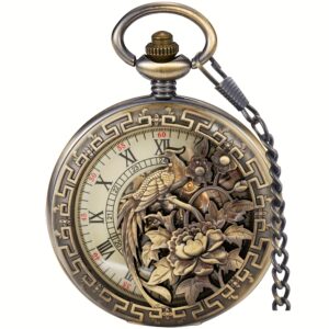 Steampunk Vintage Crane Bird Design Carved Case Design Mechanical Hand-Wind With Chain & Box Best Gifts