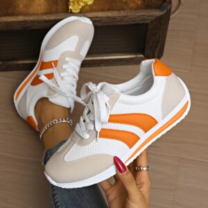 Women's Lightweight Sneakers - White & Orange Accent Lace-Up Shoes, Breathable Sneakers for Gym, Everyday & Formal Events - All-Season Cushioned Footbed & Non-Slip Outsole - Synthetic Cover/Fabric Upper - Easy-Clean Women's Footwear, Gym Sneakers, Durable Plastic Sole