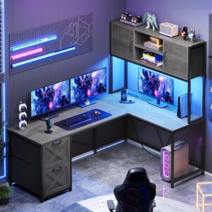 62.2" Reversible L-Shaped Home Office Desk with Charging Station (4 Outlets/2 USB), Fabric File Drawers, Storage Cabinet & Hutch, RGB LED Lights with Music Sync, Metal Brown Contemporary Workstation, Desk Accessories Office, Durable Workspace, Study Desk, Sleek Workstation, Longlasting Furniture, Lshaped Workstation, Home Professionals
