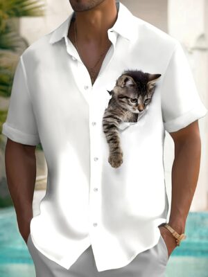 ca7bad65-ec01-4c02-80fb-922d5b3595af.jpg Men'S Funny Cat Print Button-Up Shirt - White Casual Short Sleeve Summer Shirt with Black & White Kitten Design, Lightweight Breathable Fabric, Classic Collar & Chest Pocket for Casual Outings, Beach, Office - Playful Pet-Themed Apparel for Cat Lovers, Cat Tshirt, Beach Outfit, Quirky Fashion, Easy Care, Print Top, Adult Clothing, Vacation Outfit, Fun Pattern, Durable Construction, Print Top for Men, Pet Lovers, Cat T Shirts, Cat Lovers Outfit, Party Attire, Playful Approach