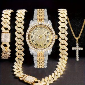 4pcs Luxury Men'S Golden Quartz Watch with 14mm Cuban Chain Necklace and Bracelet Cross Pendant Necklace Watch Set Men'S Luxury Jewelry Gift Father'S Day Gift