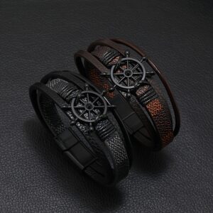 New Hot Selling Retro Men's Fashion PU Alloy Magnetic Snap Bracelet Men's Rudder Bracelet Jewelry