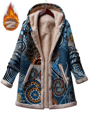 Plus Size - Plus Size Women'S Cozy Fleece-Lined Hooded Jacket with Vibrant Blue & Orange Abstract Print, Long Sleeves, Button Front, Casual Winter Outerwear - Beige Interior, No Accessories Included, Winter Coat