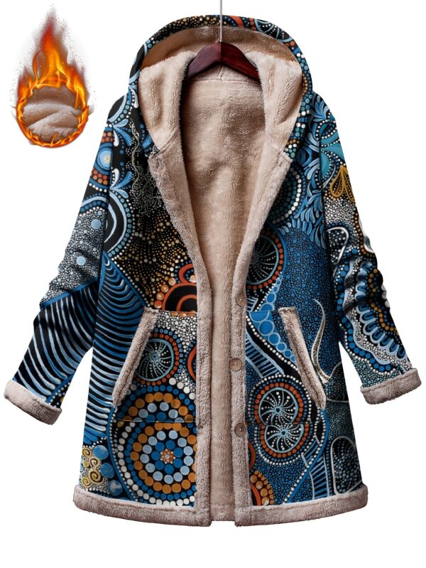 cb49339e-f971-4fd4-8117-40c2e31e54cf.jpg Plus Size - Plus Size Women'S Cozy Fleece-Lined Hooded Jacket with Vibrant Blue & Orange Abstract Print, Long Sleeves, Button Front, Casual Winter Outerwear - Beige Interior, No Accessories Included, Winter Coat