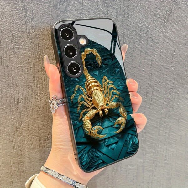 A High-End Golden Scorpion Patterned Glass Phone Case Suitable for Galaxy A05S/A13/A14/A15/A16/A23/A24/A25/A26/A30/A32/A33/A34/A35/A36/A52/A53/A54/A55/A56/A72/A90/S20/S21 FE/S22/S23/S23 Ultra/S24/S24 FE/S24 Ultra/S25/S25 Ultra/S25 Plus/S25 Edge, Trendy, Stylish, And Beautifully Designed, Protective Cover.