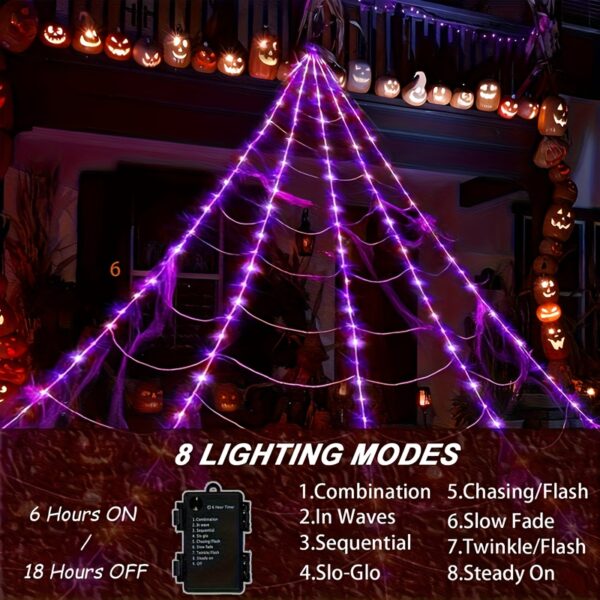 16ft Giant Spider Web LED Lights - 250 Purple 8 Lighting Modes, Outdoor Halloween Decorations, No Power Required, Easy To Hang, Suitable For Scary Holiday Displays, Halloween Decorations