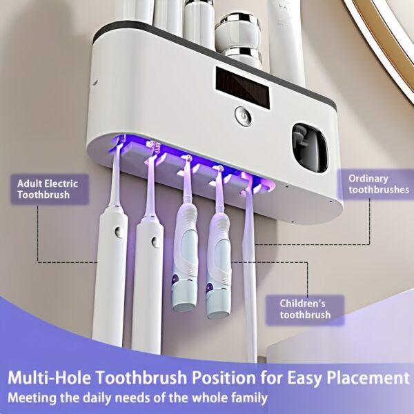Smart Toothbrush Holder with USB Rechargeable Battery, 5-Slot Wall-Mounted Bathroom Organizer with Toothpaste Dispenser, Durable Plastic Modern Hygiene Storage Rack for Toothbrushes and Toiletries, Toothbrush Holder for Bathroom, Sleek Design, Sturdy Construction