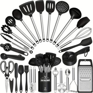 Kitchen Utensils Set-34pcs Silicone Cooking Utensils Set for Nonstick Cookware-Silicone Spatulas Set, Stainless Steel Handle-Black Kitchen Gadgets Tools, Pots And Pans Accessories, SKROAM father gift
