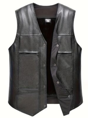 Men'S Winter Vest - Thickened Casual Workwear V-Neck Sleeveless Jacket with Multiple Pockets, Regular Fit H-Silhouette for Fall/Winter, Winter Layering Piece, Solid Color Design