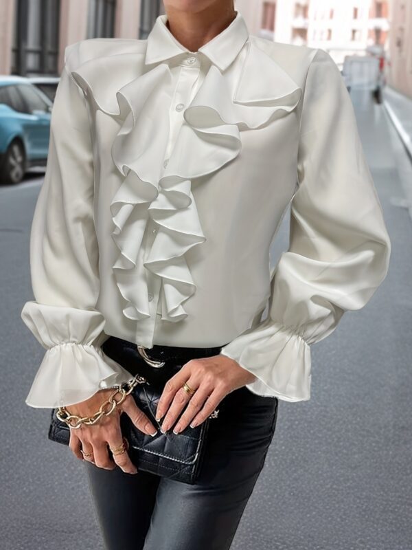 Ruffle Hem Collared Blouse, Elegant Single-breasted Long Sleeve Blouse For Spring & Fall, Women's Clothing