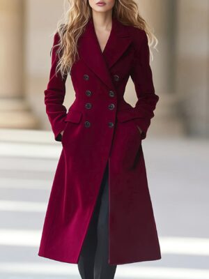 Elegant Burgundy Women'S Mid-Length Tweed Coat - Thick, Long Sleeve, Button-Up with Chest Pockets, Perfect for Fall/Winter, Cozy Outerwear|Sophisticated Style|Buttonup Closure