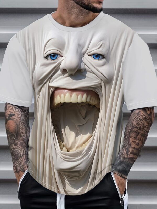 Men'S Bold Face Art Graphic T-Shirt - Lightweight Polyester Round Neck Short Sleeve, Edgy Smiling Face Print with Sharp Teeth & Tattoo-like Design, Casual Streetwear Summer Tee for Gym, Training & Casual Attire - Breathable H-Fit Unisex Style Top, T Shirt For Men, Men Graphic Tee, Graphic Tee Men, T-shirt For Men, Men Clothe, Men Shirt
