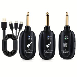 cd7a3929-8139-4421-9448-ae215b31bf8d.jpg UHF Wireless Audio, 100ft Long Range, Plug & Play, with Noise-Free Transmission for Live Performances, Compatible with Guitar, Bass, Violin, Keyboard - 2 Transmitters + Receiver, Guitar Wireless System, Musical Performance Gear, Durable