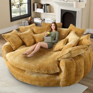 cd923511-4211-4ccc-b8c1-25d437e4bdbc.jpg 81.1" W Oversized Round Chaise Lounge, Fluffy Lazy Bean Bag Sofa With 14 Pillows, Comfy Chenille Upholstered Barrel Sleeper Bed, Modern Deep Seat Cloud Couch For Living Room Apartment
