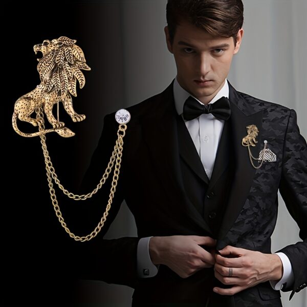 cd9ea20b-6311-4c3a-90d0-a4604831f3b7.jpg 1pc/2pcs Men's Lion Head Brooch Pin with Golden-Tone Chain Necklace - Intricate Animal Design Formal Accessory for Suits, Halloween, Graduation, Mardi Gras & Special Occasions, Korean Fashion Style, Elegant Design