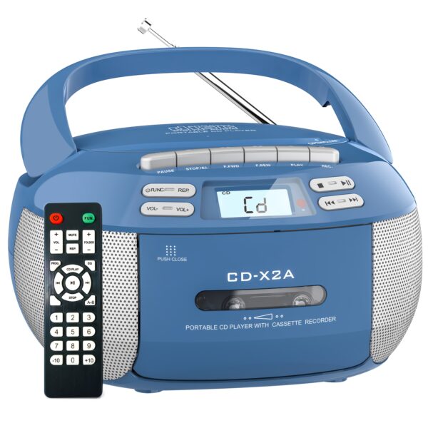 Portable CD Player & Cassette Recorder Combo with Remote Control, Stereo Sound, AC/Battery Operated, LCD Display, Support CD/AUX/USB/Earphone/Wireless, Infrared Remote Control, AM FM Radio for Home