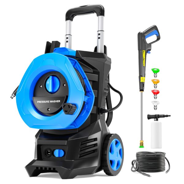 Electric Pressure Washer With 25FT Hose, 4 Nozzles & Foam Cannon - 4800PSI MAX 2.8 GPM Power Washer For Cars, Fences, Patio - US Plug, Metal Construction, Fence Cleaning | Robust Outdoor Tool, Pressure Washer Accessories, Blue& Yellow
