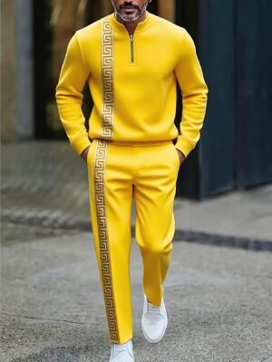 European And American Men'S Platinum Sports Suit| Greek Herringbone Pattern Half-open Collar Sweatshirt| High-quality Polyester Fabric, Wrinkle-resistant And Easy to Care For| Suitable for Nightclubs And Fashion Events, Luxury Street Style