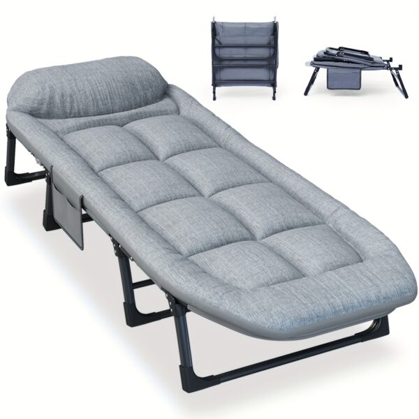 Heavy-Duty 6-Position Adjustable Folding Recliner Bed with Memory Foam Mattress & Pillow - Manual Foldable design, Portable Camping, Office, Home Bed - Supports 550 lbs (200kg) Weight Capacity - Ideal for Indoor/Outdoor, Travel, and Guest Rooms, Portable Folding Bed, Outdoor Sleeping Solution, Comfortable Recliner Chair, Sturdy Frame Construction