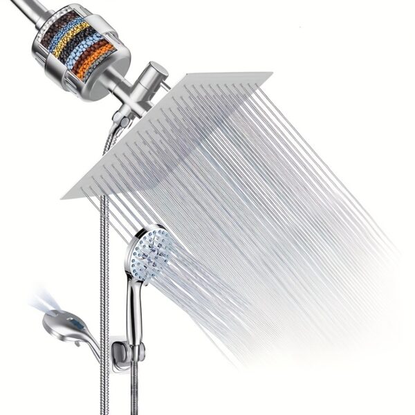 Filter Shower Head Handheld Sprayer 20cm/8-inch Stainless Steel Rainfall with 7 Water Flow Modes, 59ft/1.5m Stainless Hose Suitable for Pet Bathing Multi-Layer Filtration Device