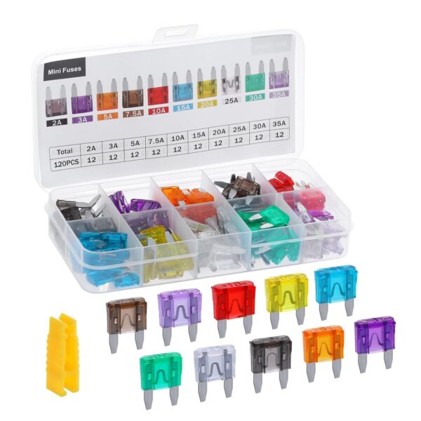 [Universal Car Fuse Kit] 120pcs Universal Car Fuse Kit - Mini Blade Fuse Set + Hard Case with Extractor Tool, Suitable for Cars/Trucks/Motorcycles/RVs/SUVs - Multiple Amp Combination (2A/3A/5A/7.5A/10A/15A/20A/25A/30A/35A)