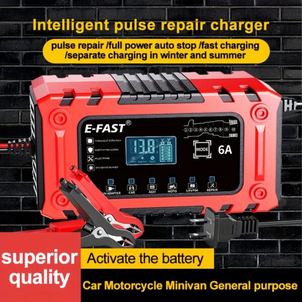 Large Multifunctional Smart Car And Motorcycle Battery Charger - Safe Trickle Charging, US Standard Plug, Large Screen Display, Without Battery