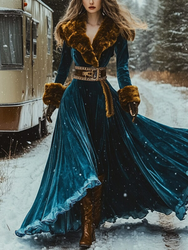 Women's Elegant Winter Long Sleeve Mermaid Dress with Fur Collar & Coat - Thickened Golden Velvet A-Line Silhouette, Short Hem & Flared Skirt, Machine Washable Formal Party Evening Dress in Navy Blue/Teal - 2025 Fashionable Sexy Elegant Dress with V-Neckline, Fitted Bodice, and Luxurious Golden Velvet Fabric for Winter Wear