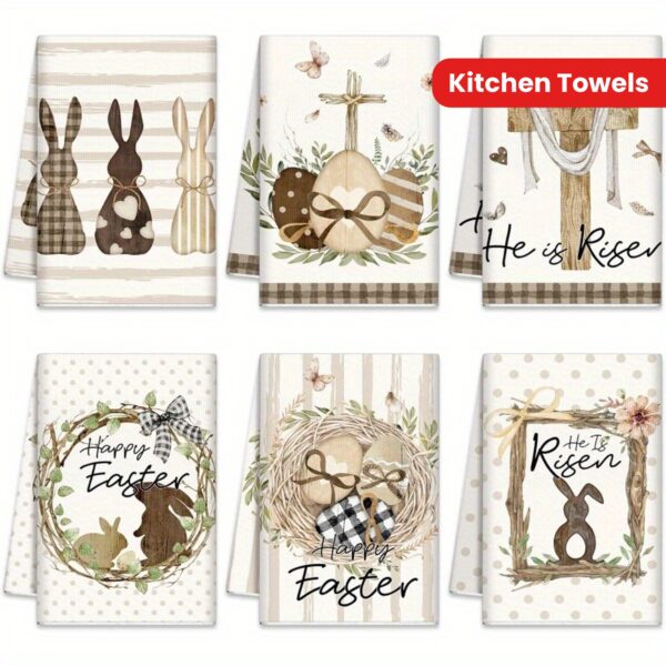 d0c182550bd7580d153caf8c621d0f22_rdkNCmxlNUjke.jpg 6pcs 18*26inch, Easter Bunny Kitchen Towels, Religious He is Risen, Dish Towels Farmhouse Egg Stripes Polka Dot Bathroom Hand Towels, Absorbent Rustic Spring Tea Towels, Suitable for Kitchen Bathroom Gift Decoration, Holiday Gifts