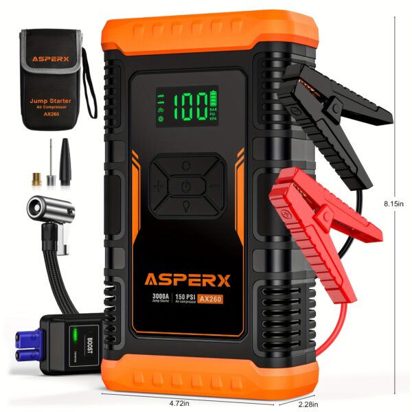 AsperX Jump Starter with Air Compressor, 3000A Battery Starter with Fast Charging (Up to 2.64gal Gas/2.11gal Diesel Engines), 12V Battery Jump Starter with 3.4in LCD Display, Battery Booster with LED Light
