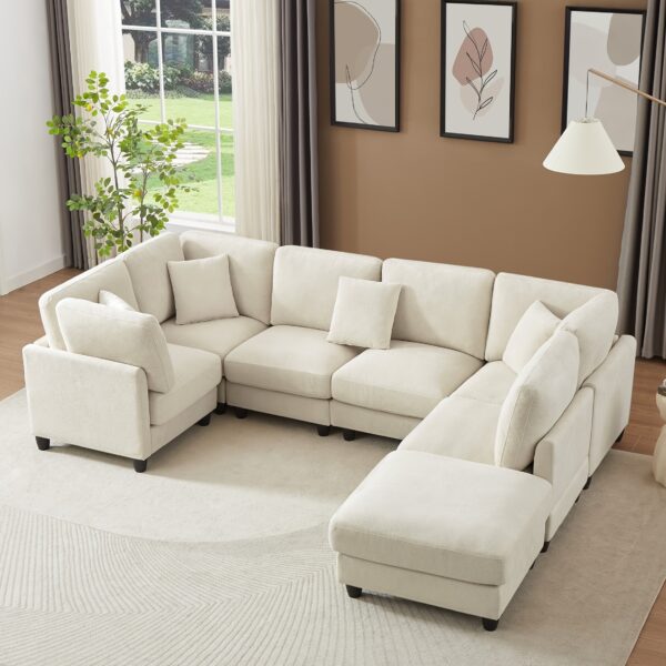 d1238891-a6fd-48a3-8fa4-a0b881007cc9.jpg 121'' Oversized Sectional Upholstered Couch, Chenille Fabric,with Movable Ottoman Cloud Sofa, Freely Convertible L/U Shape And Sofa Bed for Living Room, Black/Beige