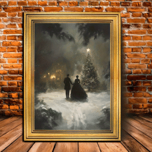 Vintage Victorian Christmas Canvas Art Print with Golden Frame - Romantic Couple in Snowy Scene, Dark Winter Farmhouse Decor for Living Room Walls, 11.8" x 15.7, Boho Decor, 2D, Perfect for Room Decor