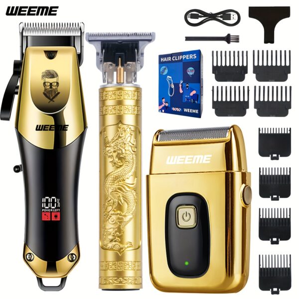 WEEME All Golden Series 3pcs/2pcs/1pc Men's Hair Clipper Set -USB Rechargeable Hair Cutting Kit with LCD Display Including Electric Rozor, T-Blade Trimmer, Combs, USB Cable, Cleaning Brush-Fathers Day Gift Items