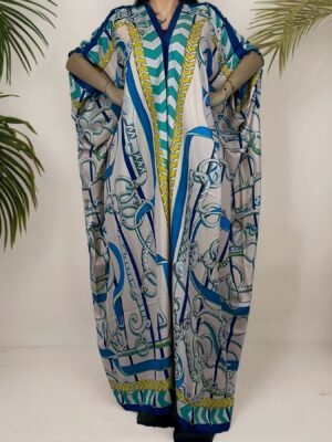 WINYI Women'S Boho Print V-Neck Abaya Tunic Dress with Batwing Sleeves - 100% Polyester, Loose Fit, Long Length, Straight Hem, Woven Fabric, Non-Stretch, Spring/Summer/Fall Party Wear