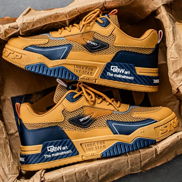 [Lightweight Skate Sneakers] MAINALUN Men's Lightweight Breathable Skate Sneakers | Low-Top Casual Shoes with PU/Fabric Upper & PVC Sole, Vibrant Yellow & Navy Blue for Summer Outdoor Training, Gym, Running