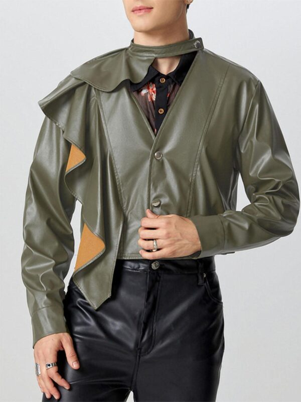 INCERUN Men Stylish PU Ruffle Decor Short Blazer Party Street Jacket Top Fancy Crop Top